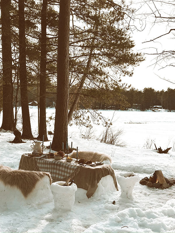 Winter scene with a table set up in the snow near trees