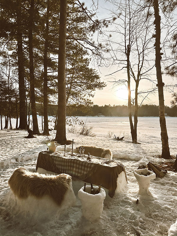 Winter scene with a table set outdoors near a frozen lake, surrounded by trees.