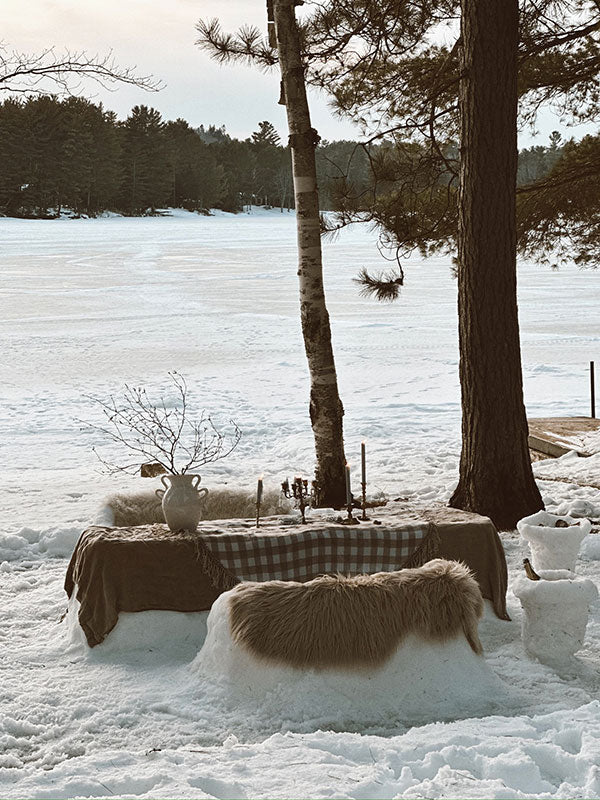 Table set for a meal in the snow with a frozen lake and trees in the background