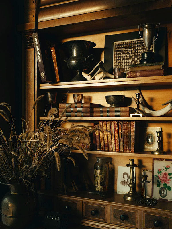 Wooden bookshelf with decorative items including books, a trophy, and a plant.