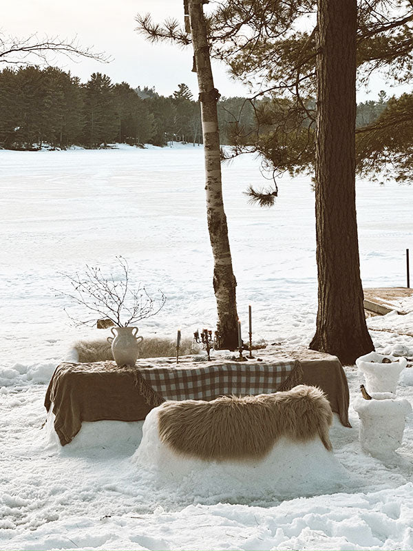 Winter outdoor setting with a table and chairs covered in snow, surrounded by trees.